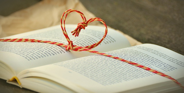 Digitales Wissen - symbolisiert durch ein Buch, auf dem ein Geschenkband-Herz liegt