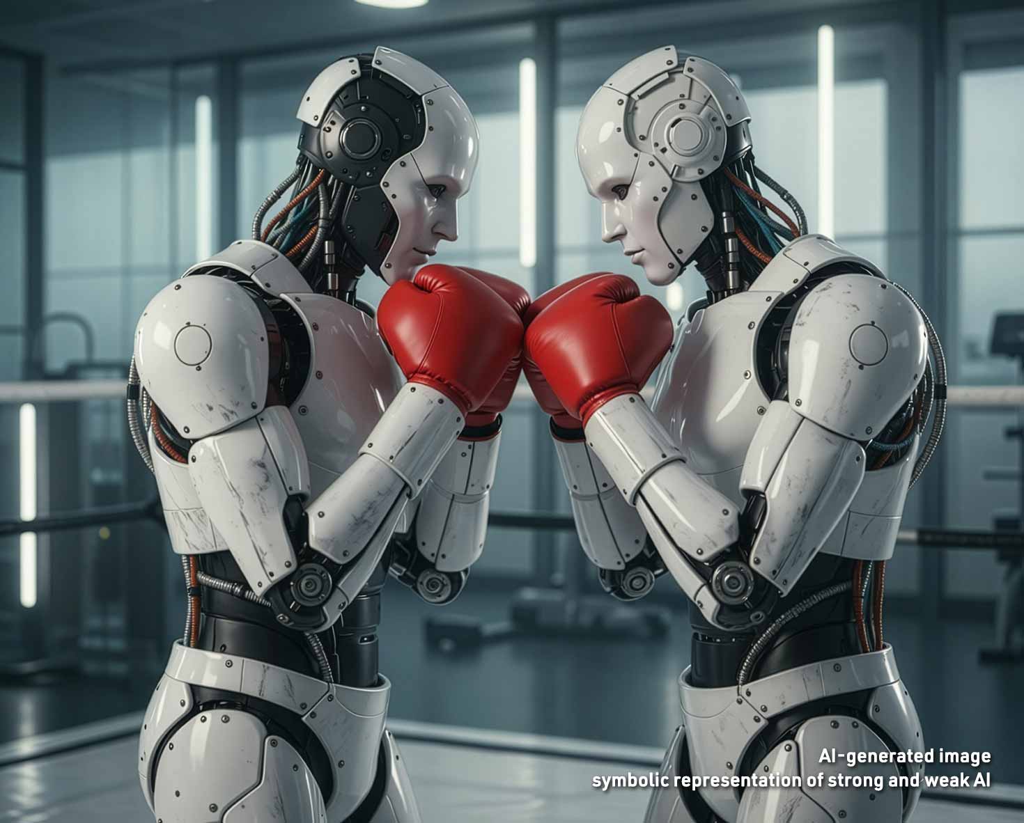 Strong vs. weak AI illustrated by two robots competing in boxing gloves